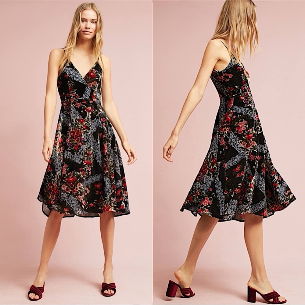 NWOT Anthropologie Eri + Ali Floral Burnout Velvet Slip Dress In Black Floral 6